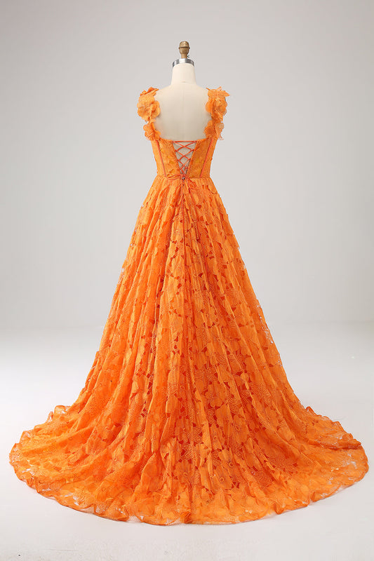 Orange A-Line Floral Lace Long Prom Dress