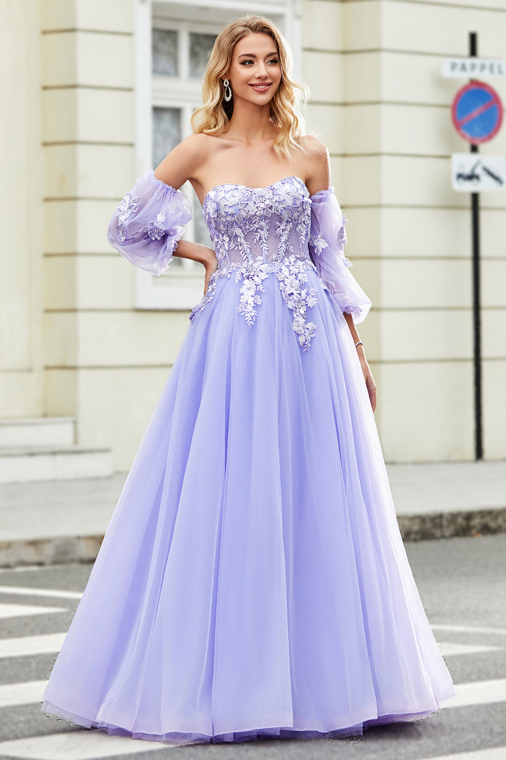 Zapakasa Women Lavender A-Line Strapless Tulle Long Corset Prom Dress