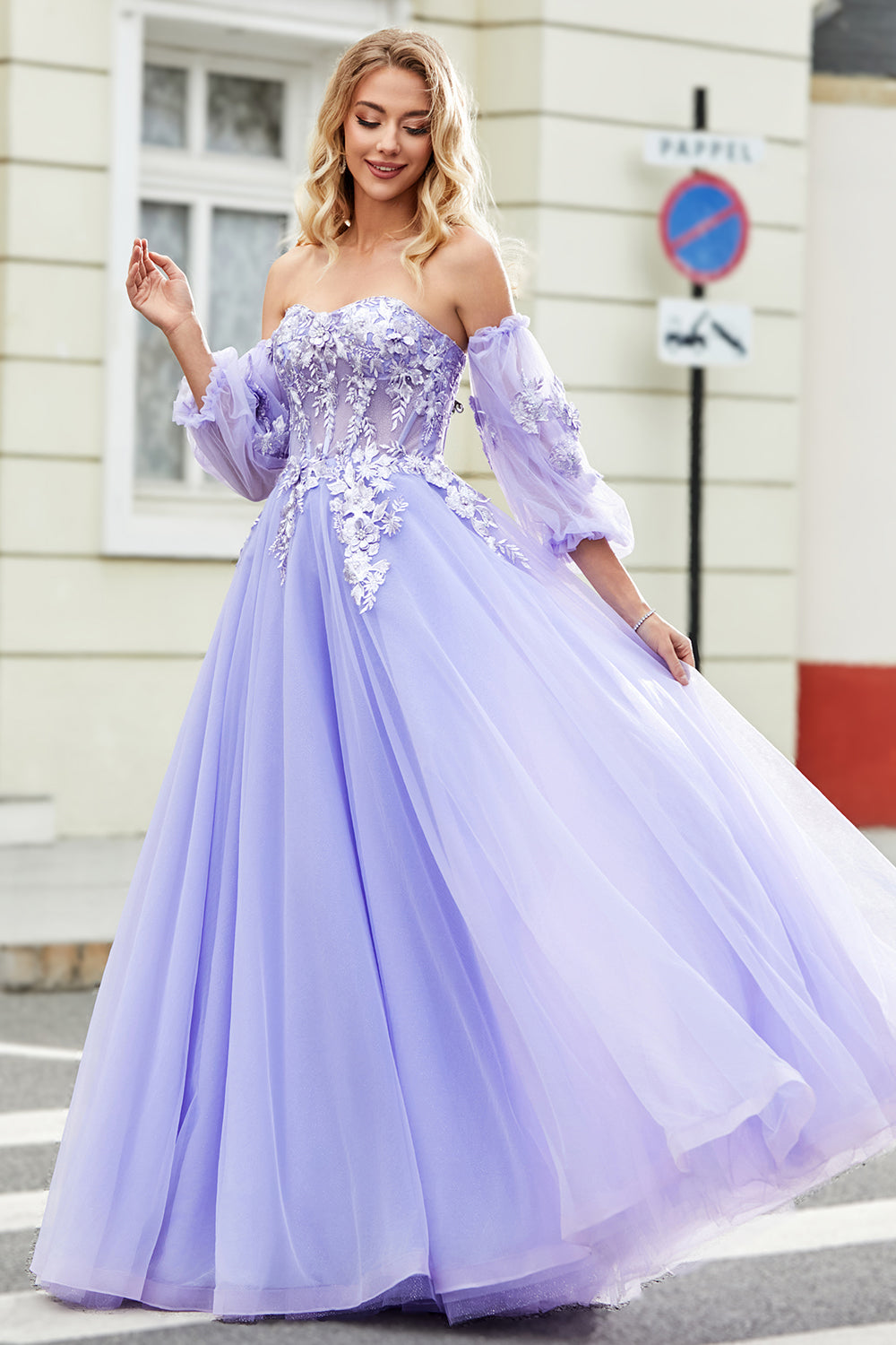 Gorgeous A Line Off the Shoulder Lavender Corset Prom Dress with Appliques