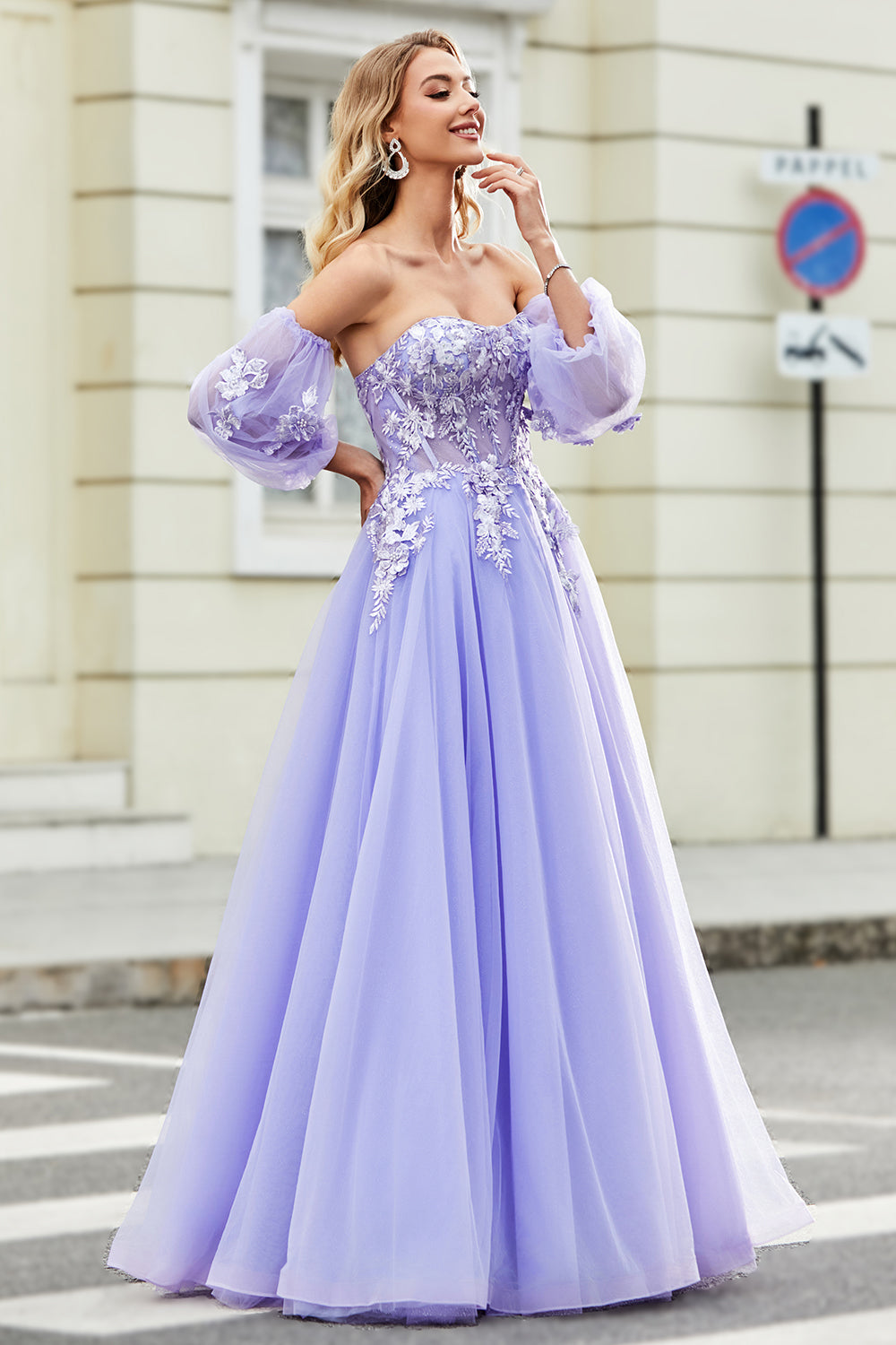 Gorgeous A Line Off the Shoulder Lavender Corset Prom Dress with Appliques