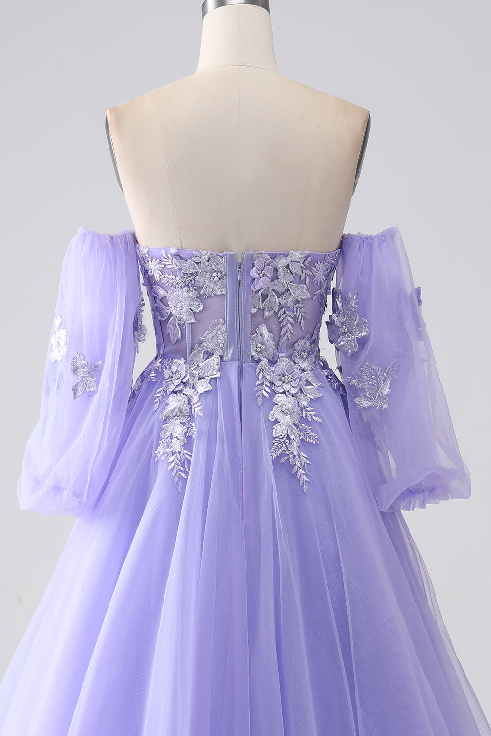 Lavender A-Line Strapless Tulle Long Prom Dress with Sleeves
