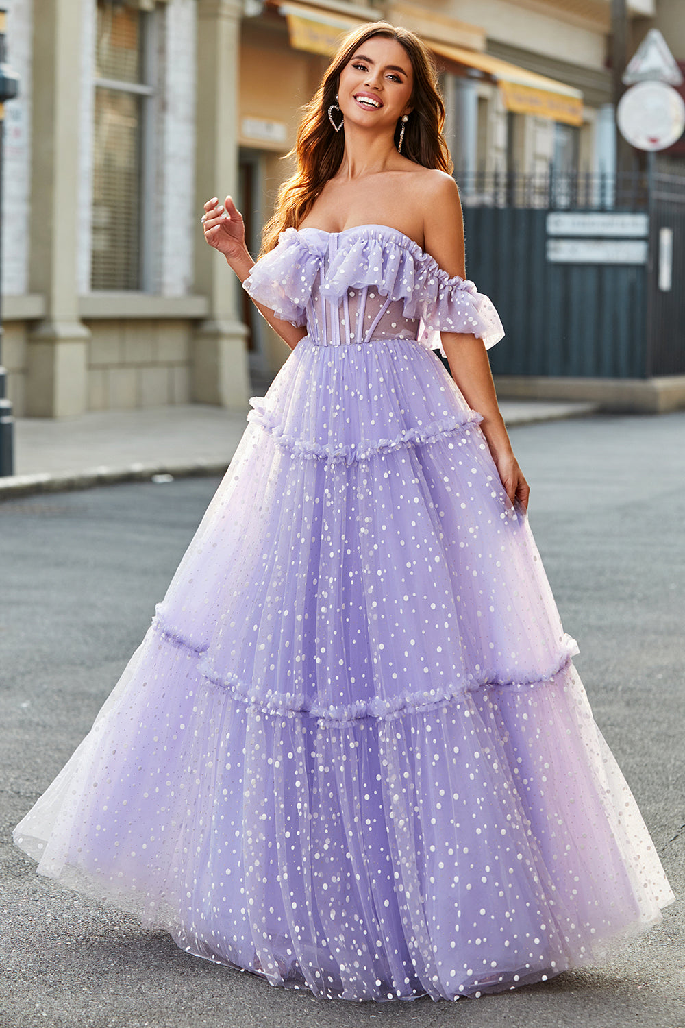 Off The Shoulder Lilac Corset A-Line Long Prom Dress
