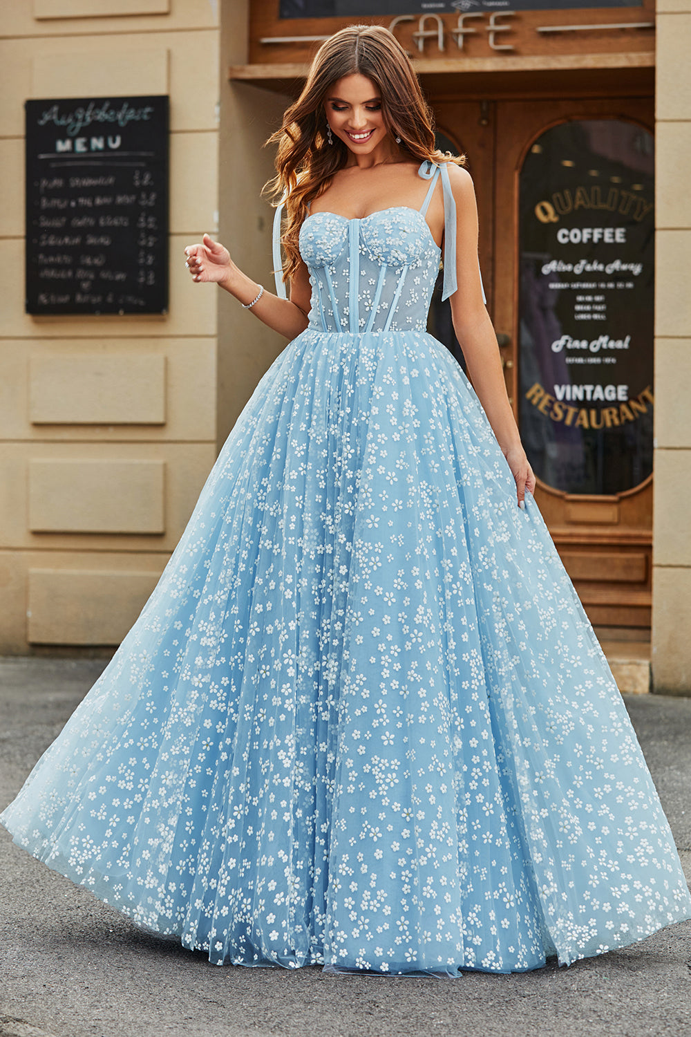 Zapakasa Women Sky Blue Corset Prom Dress with Florals A-Line Spaghetti Straps Party Dress Zapakasa Women Sky Blue Corset Prom Dress with Florals A-Line Spaghetti Straps Party Dress