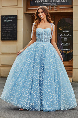 Zapakasa Women Sky Blue Corset Prom Dress with Florals A-Line Spaghetti Straps Party Dress