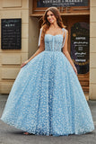 Spaghetti Straps Sky Blue A-Line Corset Prom Dress with Florals