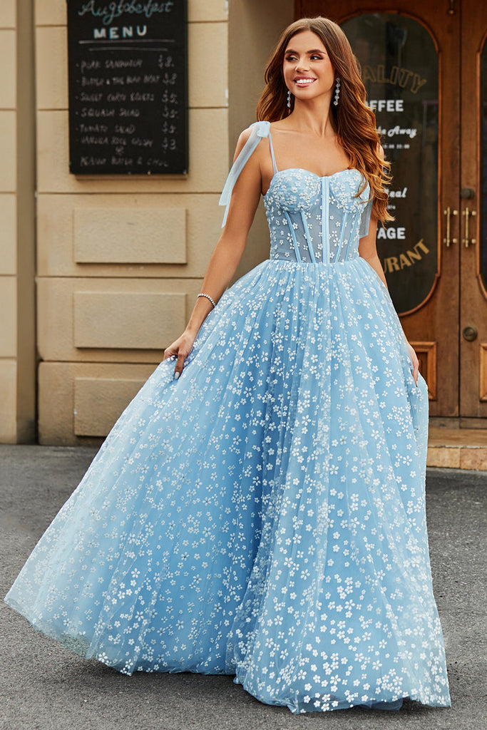 Zapakasa Women Sky Blue Corset Prom Dress with Florals A-Line Spaghetti