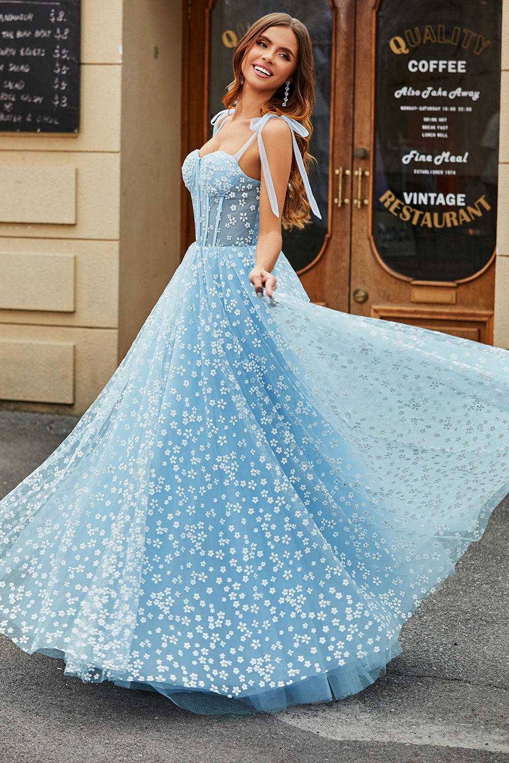 sky blue dress for women Light Long A-Line Prom with Flowers Blue / Small Sweetheart Neckline Sleeves Sky Blue Off The Shoulder
