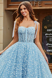 Spaghetti Straps Sky Blue A-Line Corset Prom Dress with Florals
