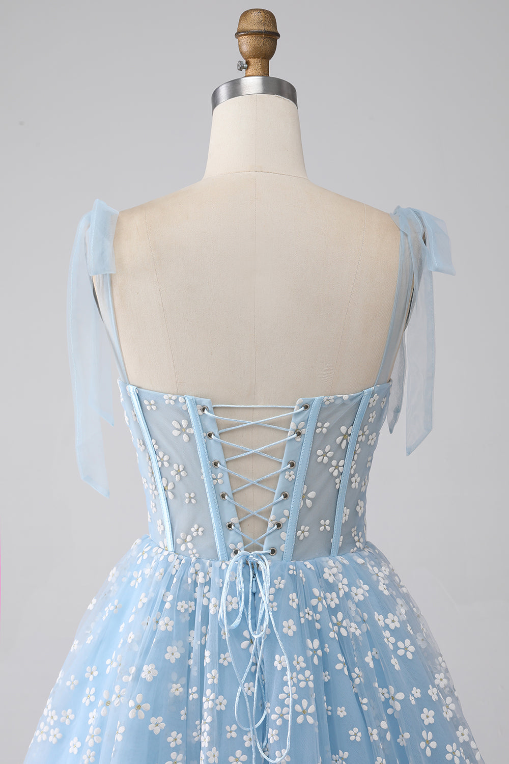 A-Line Spaghetti Straps Sky Blue Corset Prom Dress