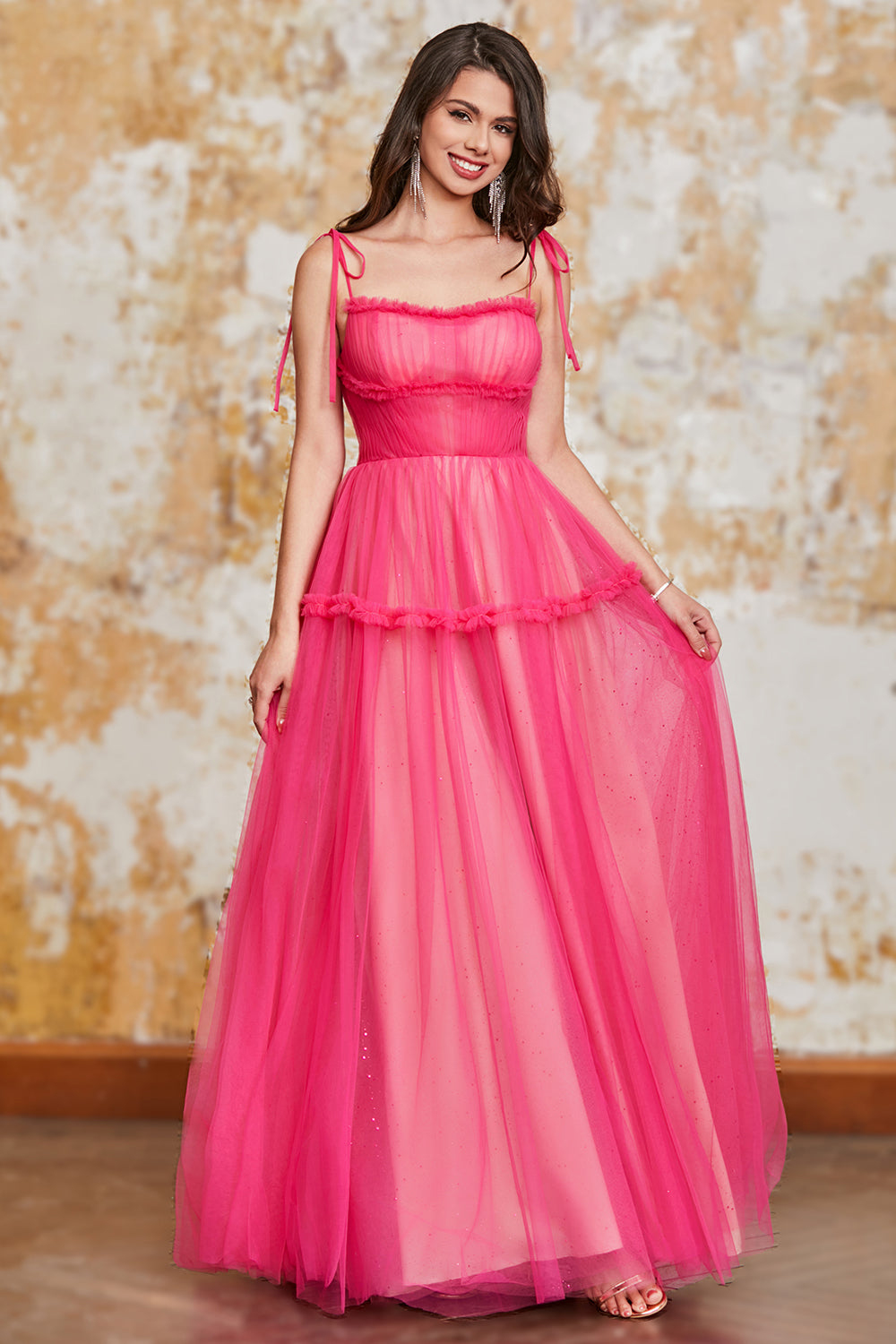 Princess A Line Spaghetti Straps Fuchsia Long Prom Dress with Ruffles