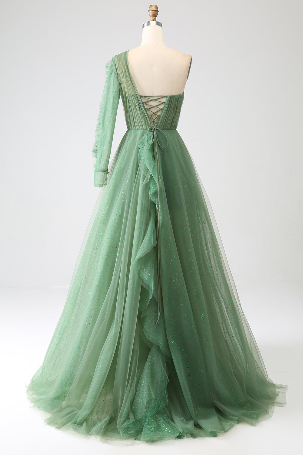 Dark Green A-Line One-Shoulder Long Prom Dresses With Long Sleeves