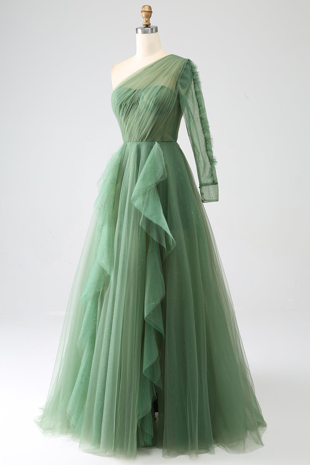Dark Green A-Line One-Shoulder Long Prom Dresses With Long Sleeves