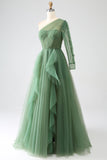Dark Green A-Line One-Shoulder Long Prom Dresses With Long Sleeves