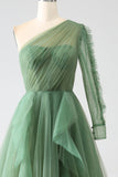 Dark Green A-Line One-Shoulder Long Prom Dresses With Long Sleeves