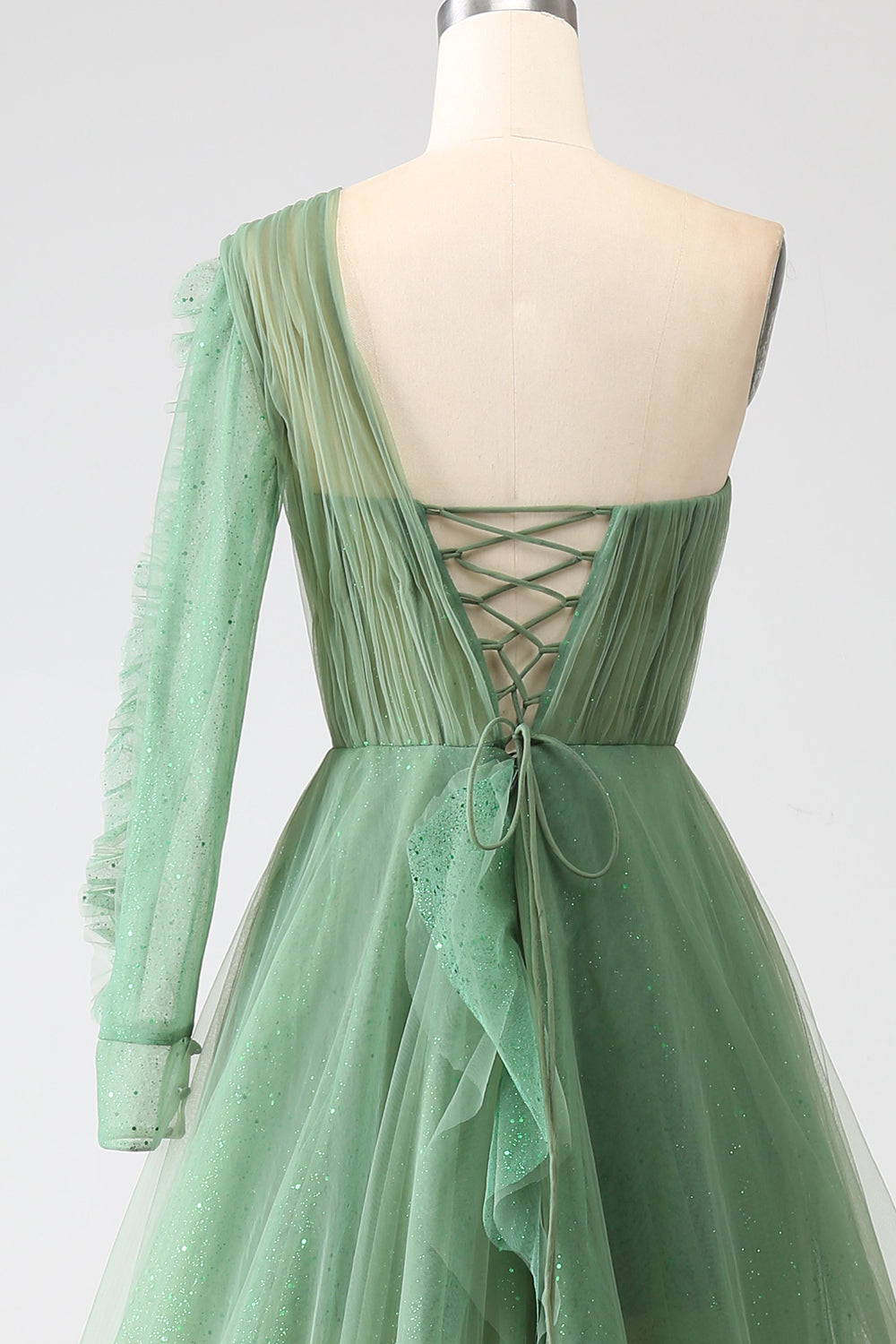 Dark Green A-Line One-Shoulder Long Prom Dresses With Long Sleeves