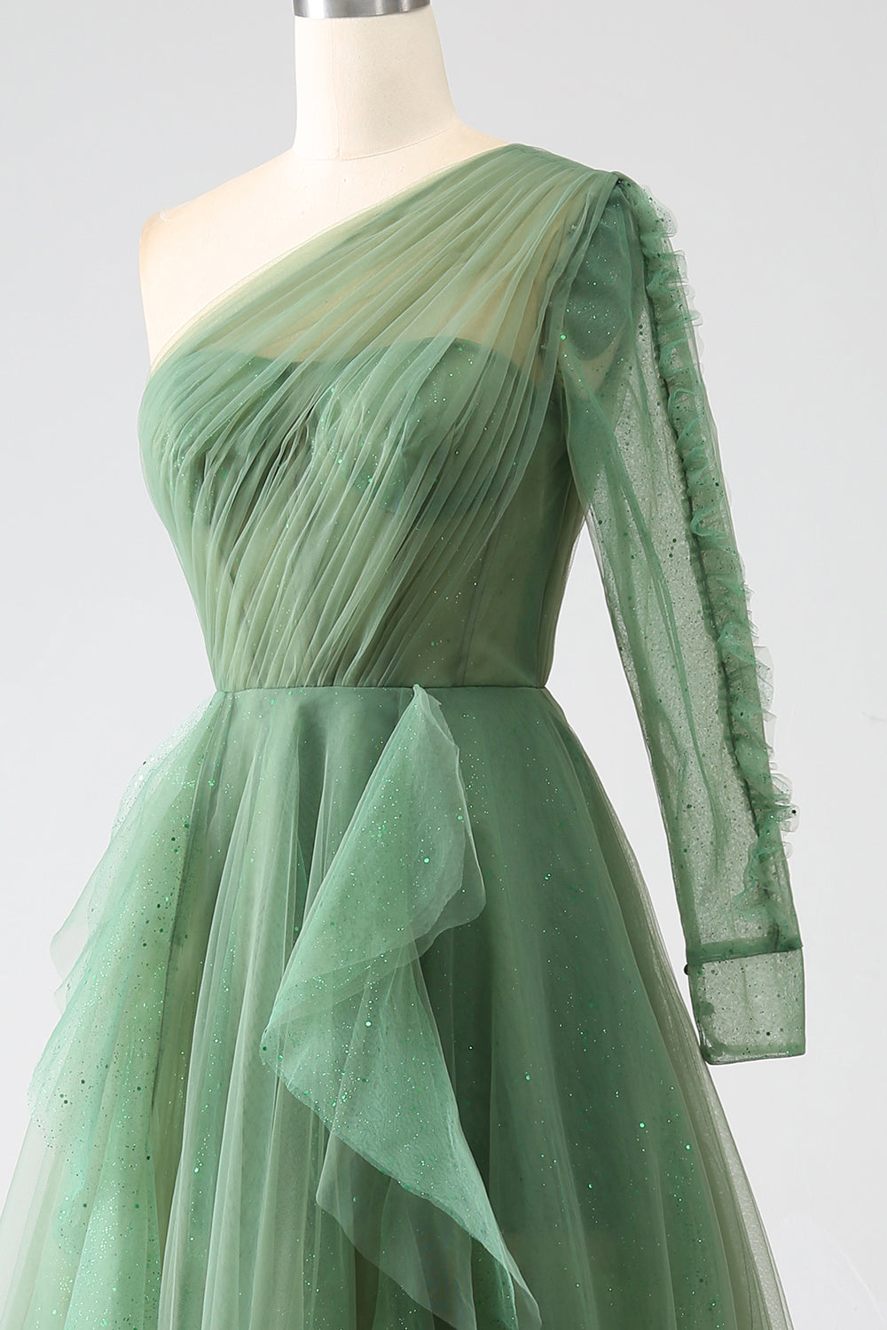 Dark Green A-Line One-Shoulder Long Prom Dresses With Long Sleeves