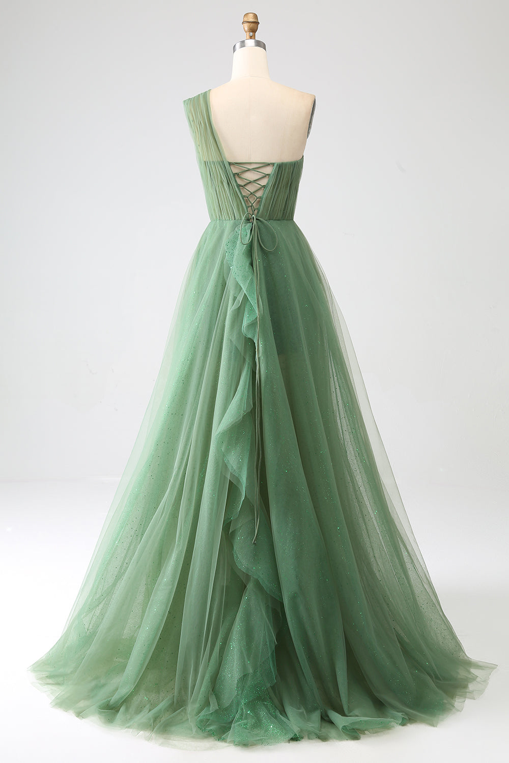 Dark Green Tulle A-Line One-Shoulder Long Prom Dresses