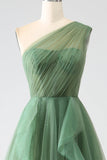 Dark Green Tulle A-Line One-Shoulder Long Prom Dresses
