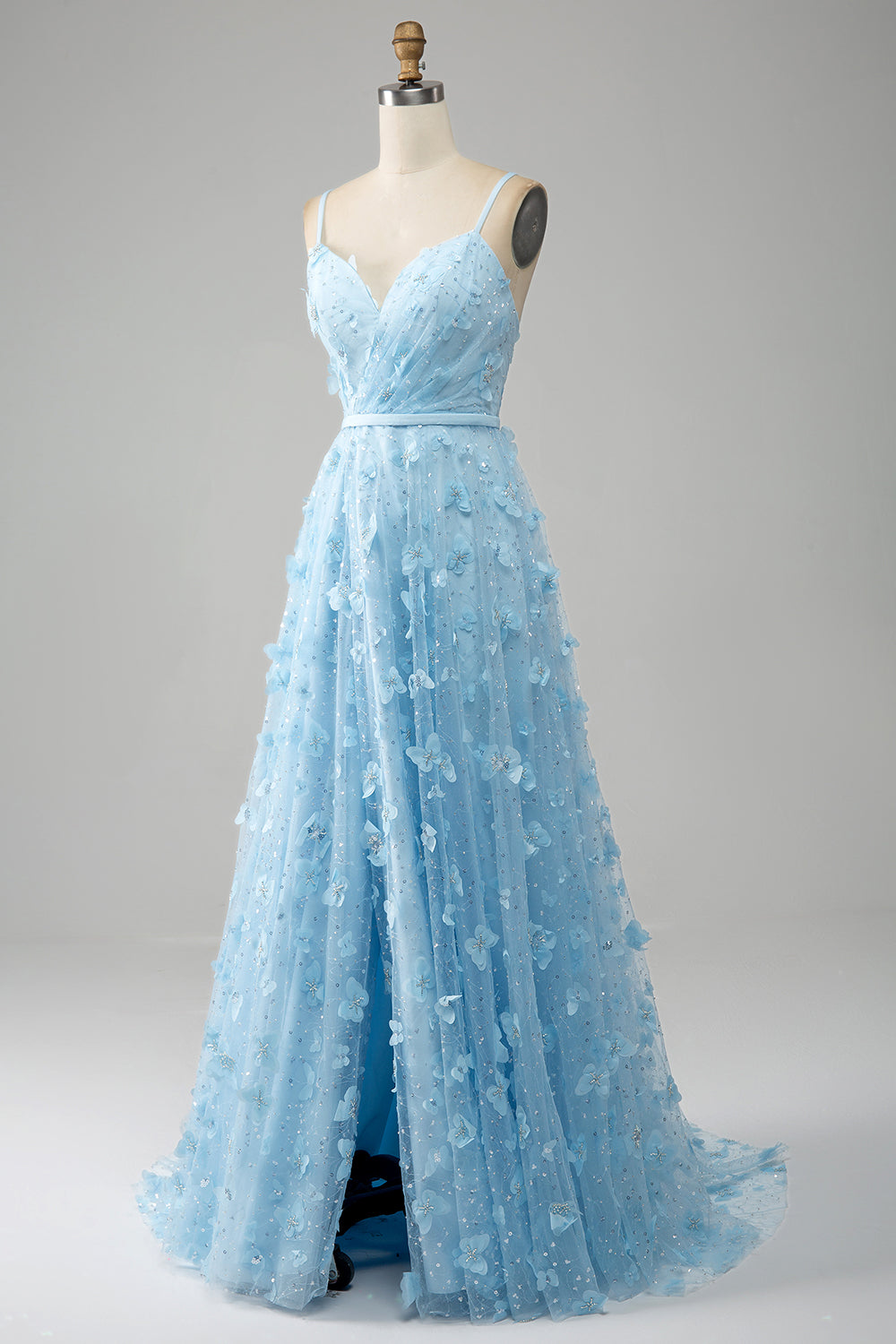 Sky Blue A Line Spaghetti Straps Sparkly Beaded Prom Dress with 3D Butterflies