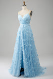 Sky Blue A Line Spaghetti Straps Sparkly Beaded Prom Dress with 3D Butterflies