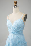 Sky Blue A Line Spaghetti Straps Sparkly Beaded Prom Dress with 3D Butterflies