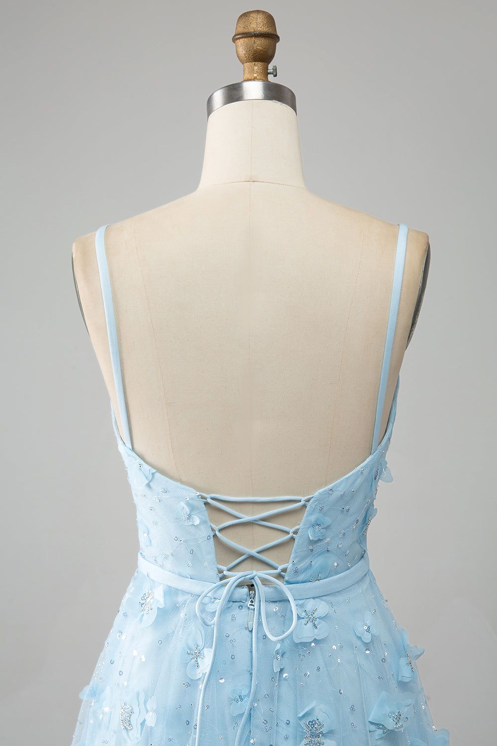 Sky Blue A Line Spaghetti Straps Sparkly Beaded Prom Dress with 3D Butterflies