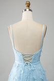 Sky Blue A Line Spaghetti Straps Sparkly Beaded Prom Dress with 3D Butterflies
