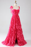 A-Line Spaghetti Straps Fuchsia Long Prom Dress with Slit