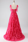A-Line Spaghetti Straps Fuchsia Long Prom Dress with Slit
