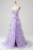 Lilac A-Line Spaghetti Straps Long Prom Dress with 3D Flowers