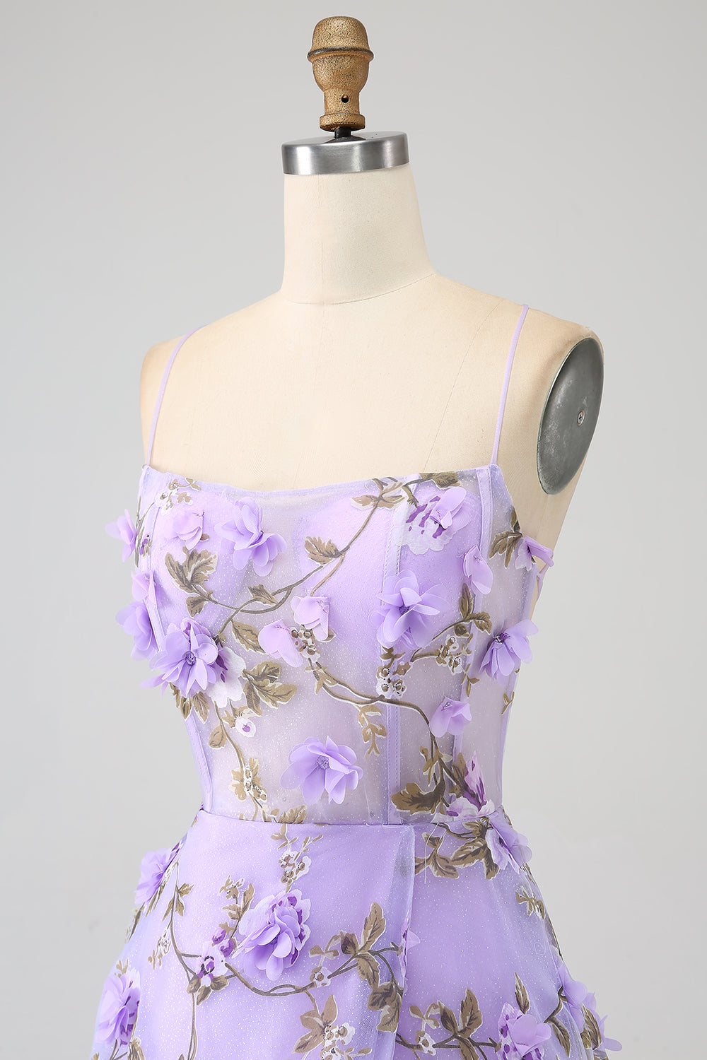 Lilac A-Line Spaghetti Straps Long Prom Dress with 3D Flowers