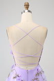 Lilac A-Line Spaghetti Straps Long Prom Dress with 3D Flowers