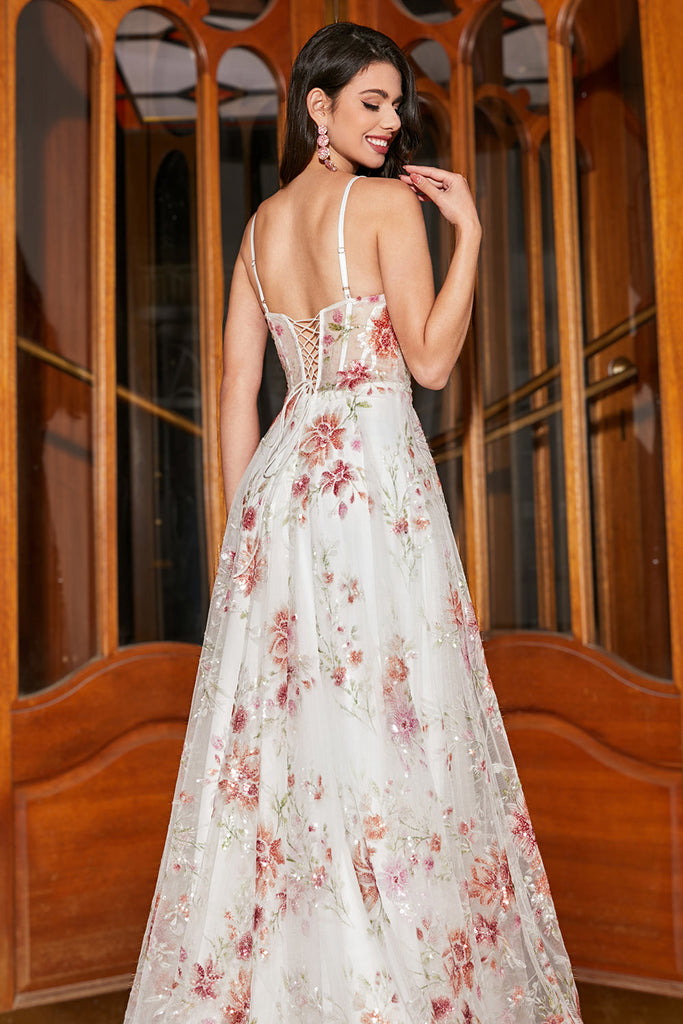 Ivory Flower Spaghetti Straps Embroidered Long Corset Ball Dress with Slit main image 1