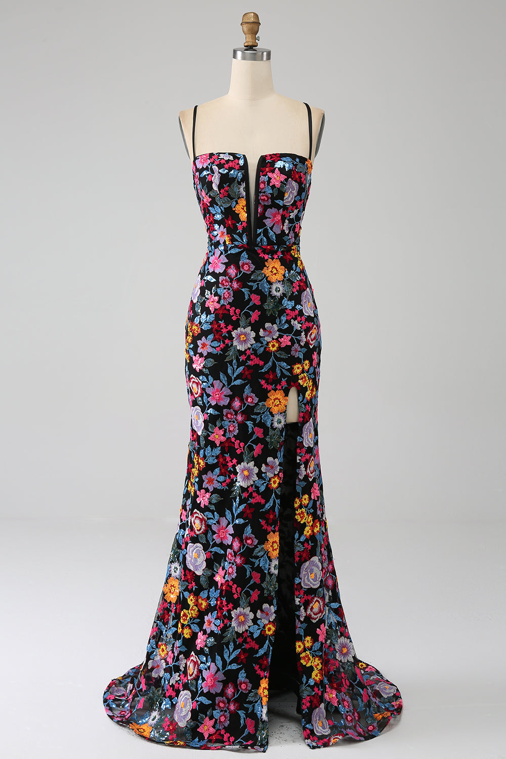  Mermaid Prom Dress Spaghetti Straps Black Flower Embroidered Party Dress With Side Slit