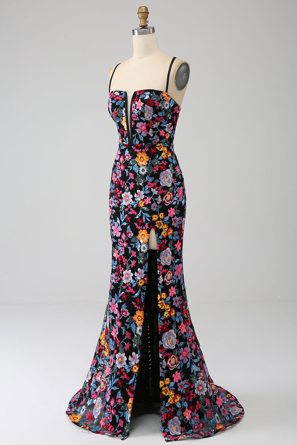 Zapaka Women Mermaid Prom Dress Spaghetti Straps Black Flower Embroidered Party Dress with Side Slit, Black Flower / US2 Zapaka Women Mermaid Prom Dress Spaghetti Straps Black Flower Embroidered Party Dress with Side Slit, Black Flower / US2