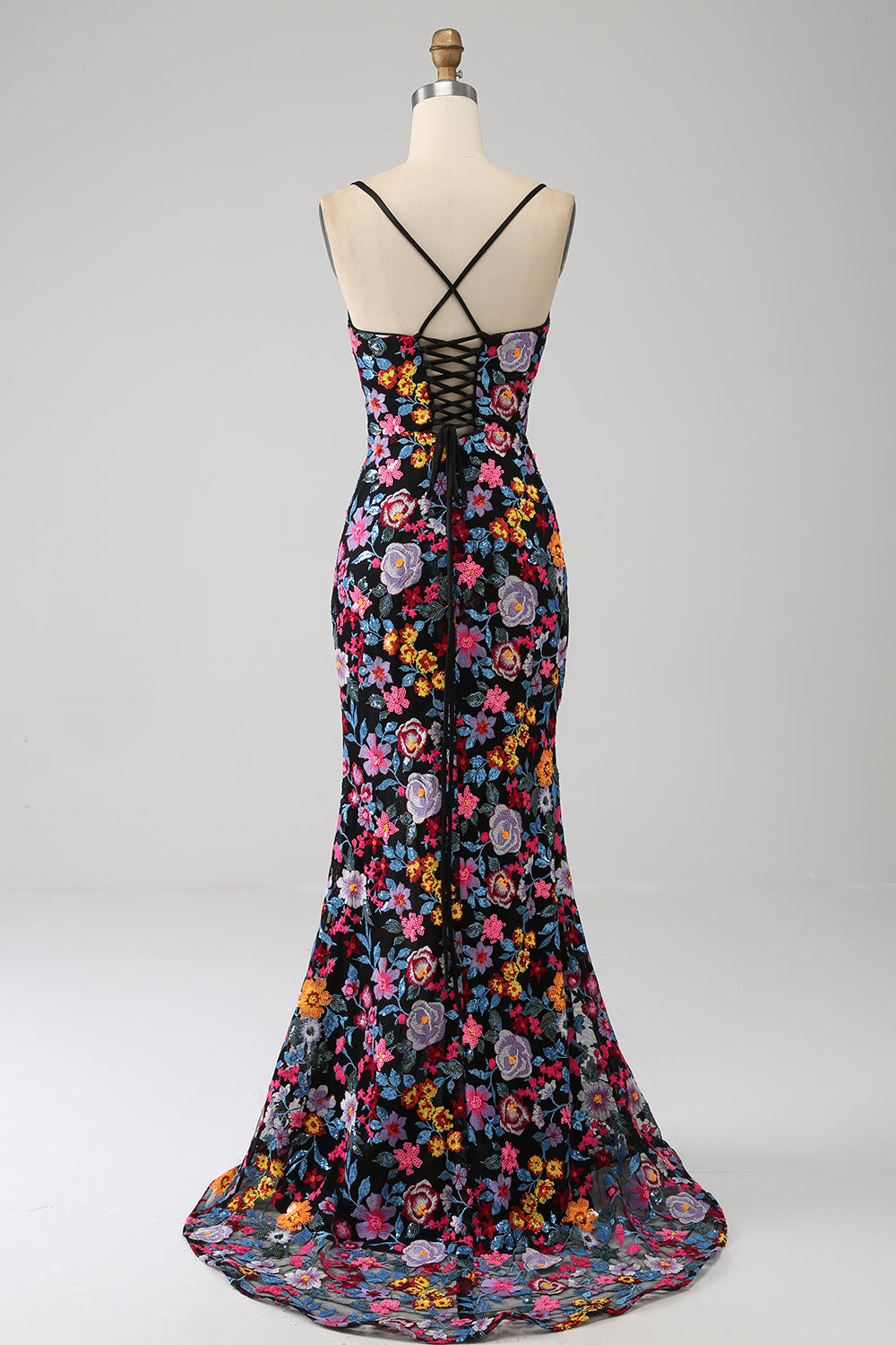Zapakasa Women Mermaid Prom Dress Spaghetti Straps Black Flower Embroidered Party Dress With Side Slit Zapakasa Women Mermaid Prom Dress Spaghetti Straps Black Flower Embroidered Party Dress With Side Slit