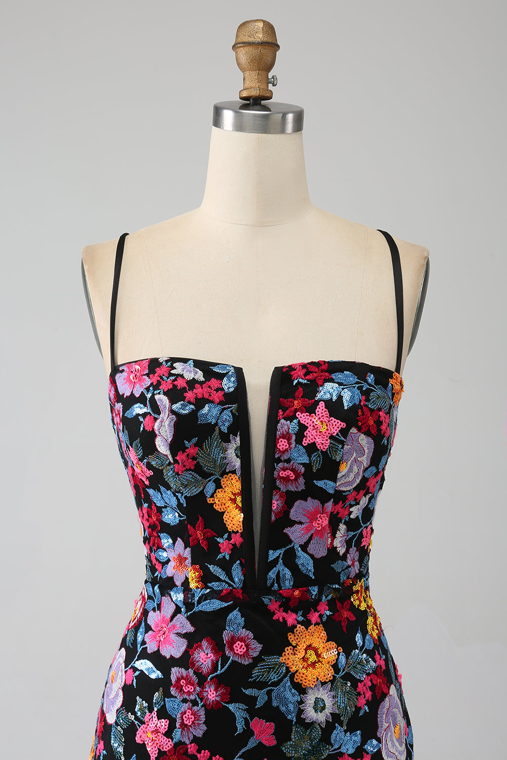Mermaid Spaghetti Straps Black Flower Embroidered Prom Dress With Side Slit