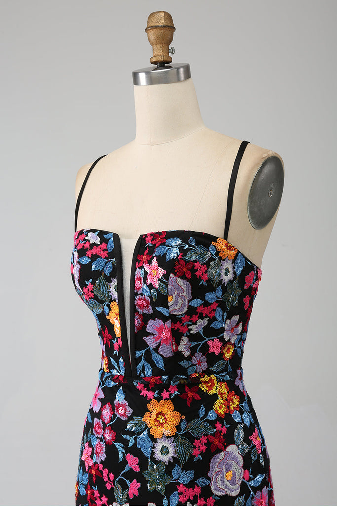 Black Mermaid Prom Dress Spaghetti Straps with Floral Embroidery MP360