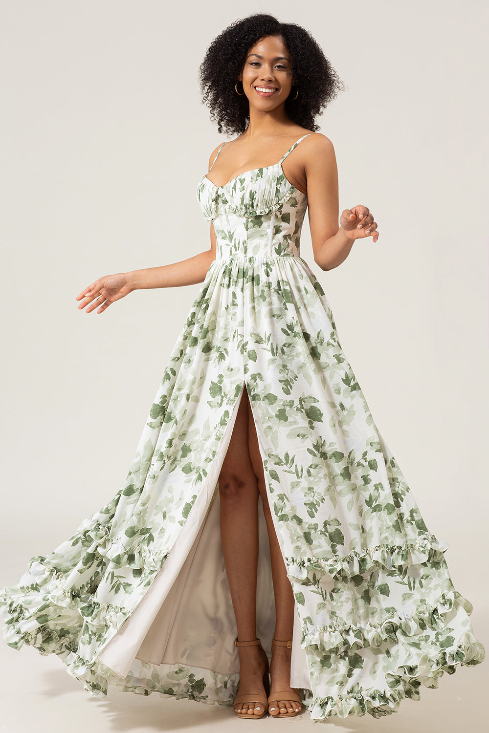 green a line maxi dress ZAPAKA Women Green Prom Dress A-Line Spaghetti Straps Printed Pleated Long Party Dress With Slit, Green / US14