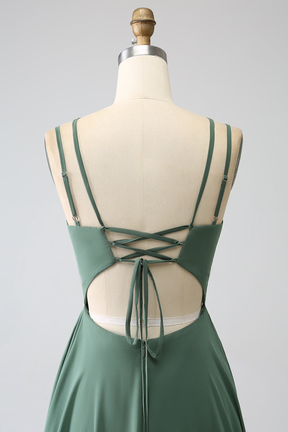 Eucalyptus A-Line Spaghetti Straps Backless Pleated Long Bridesmaid Dress