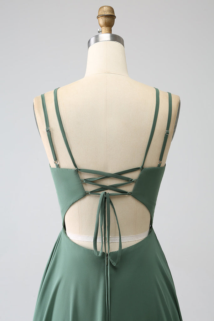 Detachable Straps A Line Eucalyptus Tiered Long Bridesmaid Dress