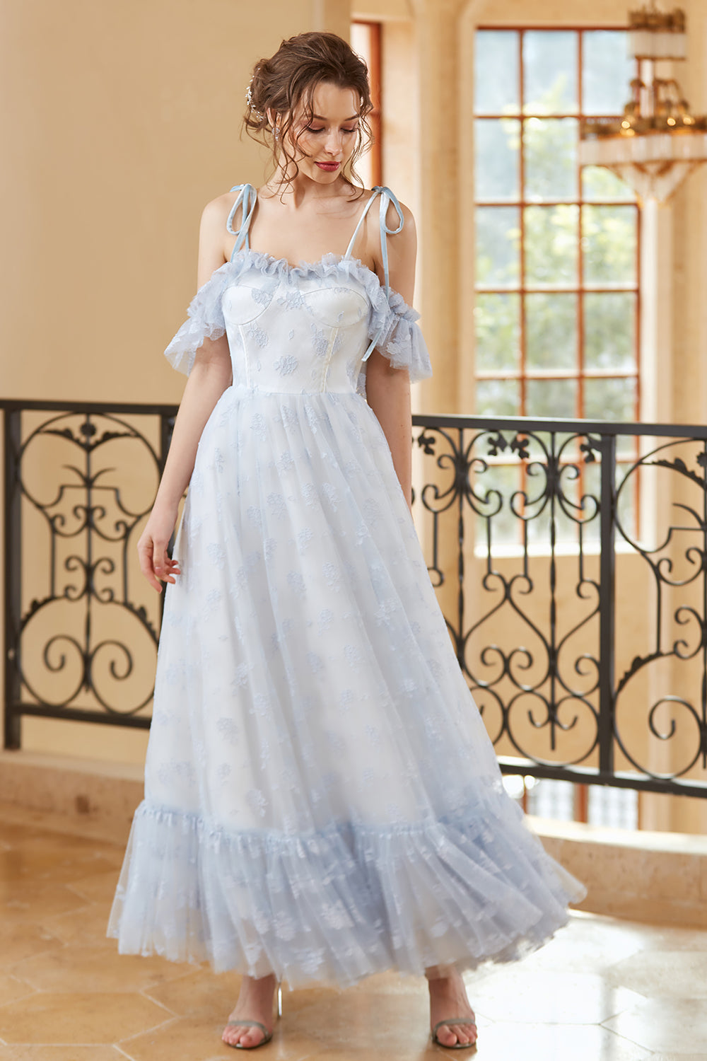 Princess A Line Off the Shoulder Light Blue Long Prom Dress