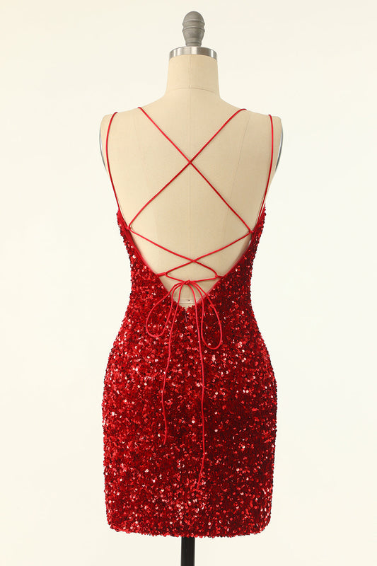 Red Sequins Tight Short Homecoming Dress