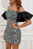 Blue Puff Sleeves Sequins Homecoming Dress