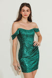 Dark Green Off Shoulder Sequined Homecoming Dress
