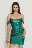 Dark Green Off Shoulder Sequined Homecoming Dress