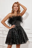 Black Strapless Cocktail Dress with Feathers