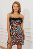 Colorful Strapless Cocktail Dress with Feathers