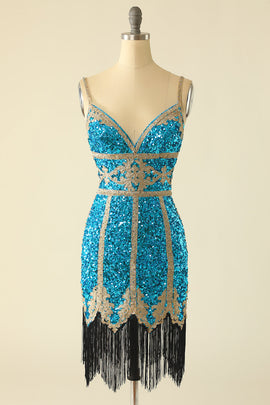 Lake Blue Sequin Short Homecoming Dress with Fringes