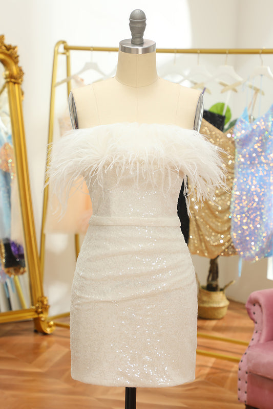 White Strapless Homecoming Dress with Feathers